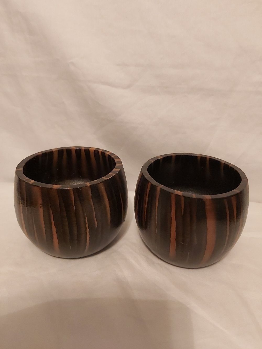 Tiger Stripe Wood Cups x 2 Candle Holders  2.5" x 3.5" Wooden Trinket Dishes